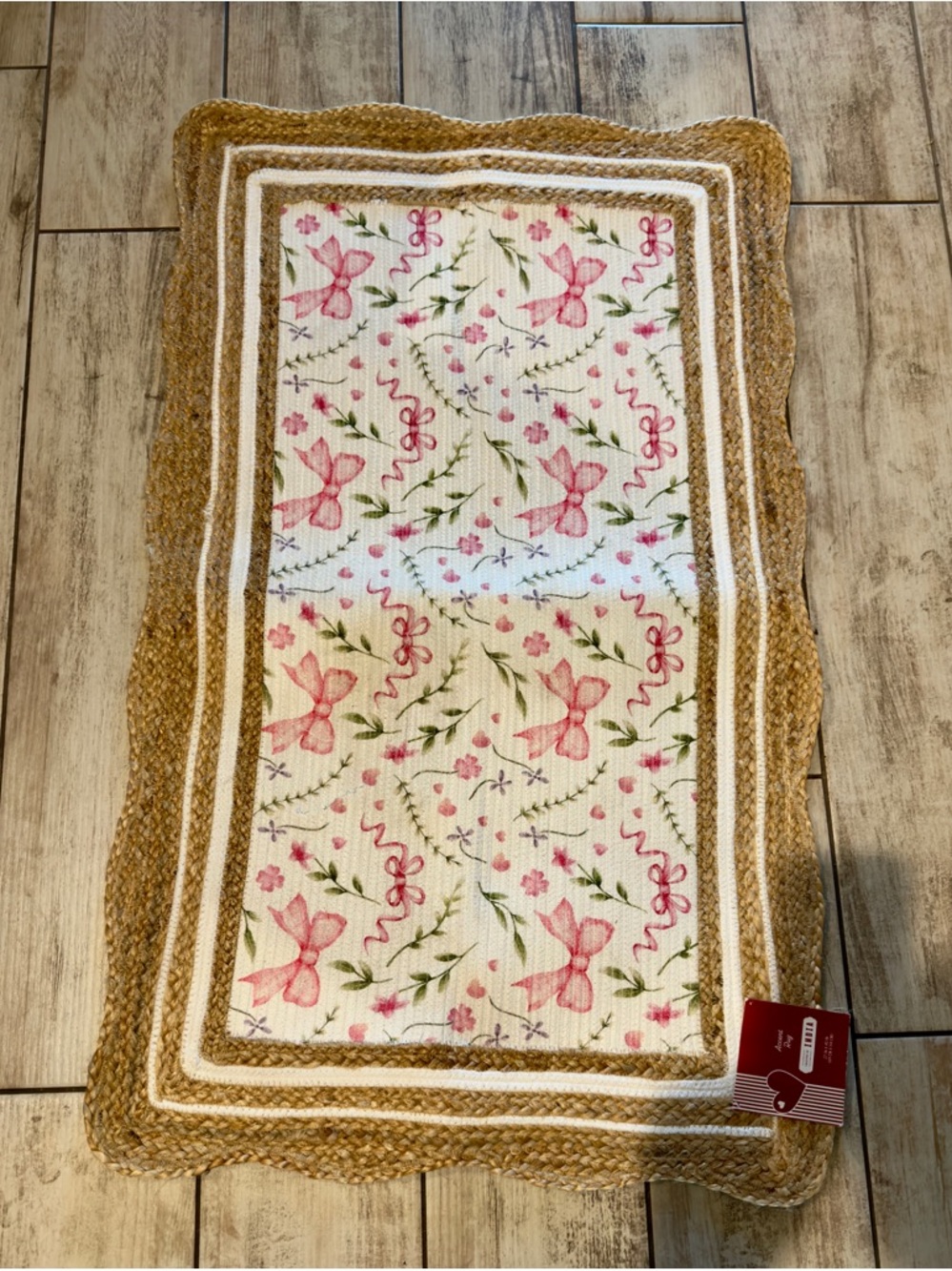 Cottagecore Bow Floral Accent Rug 27x45 | Jute Trim Handmade India - Picture 7 of 7